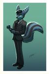  2015 anthro big_tail black_fur black_nose black_stripes blue_fur clothing dapper footwear fur green_eyes hair hybrid lombax male mammal mojo paws ratchet_and_clank raya shoes short_hair skunk skunkbax solo stripes suit video_games 