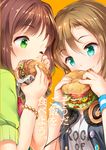  aqua_eyes asterisk_(idolmaster) bracelet brown_hair clothes_writing cover cover_page doujin_cover eating fang food green_eyes hamburger headphones highres idolmaster idolmaster_cinderella_girls jewelry maekawa_miku multiple_girls omega.ep one_eye_closed short_hair tada_riina 