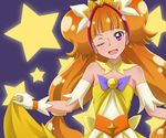  ;d amanogawa_kirara bare_shoulders choker commentary_request cure_twinkle earrings gloves go!_princess_precure jewelry jouban_minato looking_at_viewer multicolored_hair one_eye_closed open_mouth orange_hair precure purple_eyes red_hair smile solo star star_earrings twintails two-tone_hair white_gloves 