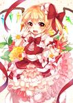  blonde_hair bow fang flandre_scarlet flower garters hat highres looking_at_viewer mini_hat open_mouth paragasu_(parags112) puffy_short_sleeves puffy_sleeves red_eyes sash shirt short_sleeves side_ponytail skirt smile solo standing standing_on_one_leg thighhighs touhou white_legwear wings wrist_cuffs zettai_ryouiki 