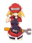  :&gt; adjusting_hair belt blonde_hair bodysuit brown_gloves cabbie_hat covered_navel gloves green_eyes hand_on_back hand_on_headwear hand_up hat holding jumpsuit katsudansou looking_at_viewer open_clothes red_jumpsuit red_shorts rockman rockman_dash roll_caskett short_hair shorts simple_background skin_tight smile solo standing white_background wrench 