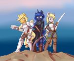  2015 alasou anthro anthrofied applejack_(mlp) armor blonde_hair blue_eyes blue_fur blue_hair derpy_hooves_(mlp) dungeons_&amp;_dragons earth_pony equine female friendship_is_magic fur green_eyes grey_fur group hair hi_res horn horse mammal my_little_pony orange_fur pegasus pony princess_luna_(mlp) sword weapon winged_unicorn wings yellow_eyes 