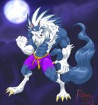  2015 abs barefoot belt biceps big_muscles black_nose blue_fur bulge canine claws clothed clothing darkstalkers digitigrade fangs full_moon fur half-dressed hungothenomster jon_talbain male mammal moon muscles pecs shorts solo standing teeth toe_claws toned topless torn_clothing video_games were werewolf white_fur wolf yellow_eyes 
