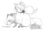  animal animal_ears ayase_eli fox fox_ears fox_tail full_body greyscale long_hair love_live! love_live!_school_idol_project monochrome neko_(bio-cat) parted_lips raccoon riding simple_background solo straddling tail translated triangle_mouth white_background 