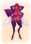  2015 abdomen antennae anthro arthropod big_breasts black_sclera breasts chitin digitigrade dmxwoops female hair hands_above_head hands_on_hips insect multi_limb multiple_arms nude pose pussy raised_arm red_hair solo stinger voluptuous wasp wide_hips wings yellow_eyes 