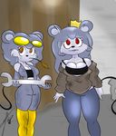 anthro breasts brown_eyes buckteeth cleavage clothed clothing coveralls crown cute duo female honas007 mammal mouse mouse_princess red_eyes rodent sibling sisters tools towergirls wrench 