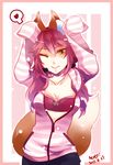  animal_ears bra breasts cleavage collarbone fate/extra fate_(series) fox_ears fox_tail hair_ribbon heart looking_at_viewer one_eye_closed open_clothes pink_bra pink_hair puyue ribbon small_breasts solo speech_bubble tail tamamo_(fate)_(all) tamamo_no_mae_(fate) twintails underwear yellow_eyes 