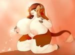  anthro big_breasts bovine breasts brown_hair chubby cowpudge ear_tag facial_piercing female green_eyes hair hooves horn huge_breasts lactating mammal milk nipple_pinch nose_piercing nose_ring nude one_eye_closed piercing pussy solo 