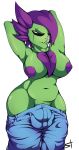  2018 absurd_res alien big_breasts breasts bulge clothed clothing dickgirl digital_media_(artwork) dustbiter_(hurricane) flora_fauna floran hair hi_res humanoid intersex looking_at_viewer nipples not_furry plant raised_arm scar smile solo standing standing_tough starbound topless video_games 