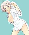  blush breasts cleavage glasses highres large_breasts naked_shirt original oza_watto purple_eyes purple_hair round_eyewear shirt short_hair simple_background solo underboob 