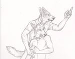  2015 anthro canine claws clothed clothing collar duo fox fur half-dressed looking_up male mammal middle_finger plain_background rukis shirt sketch topless white_background 