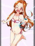 arched_back barefoot bikini blush brown_hair dokidoki!_precure flat_chest front-tie_top hose hrgm long_hair looking_at_viewer madoka_aguri navel one_eye_closed precure purple_background red_eyes side-tie_bikini simple_background solo splashing standing standing_on_one_leg swimsuit tears thigh_gap water wavy_mouth 