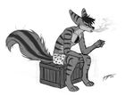  2015 anthro big_tail black_fur black_nose black_stripes blue_fur cigarette clothing fur greyscale hair heart_boxers hindpaw hybrid lombax male mammal mojo monochrome morning paws ratchet_and_clank raya short_hair skunk skunkbax smoking solo stripes underwear video_games 