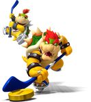  black_eyes bowser bowser_jr. coin father_and_son full_body highres hockey_stick ice_hockey ice_skates leg_up mario_(series) mario_sports_mix midair no_humans official_art open_mouth red_eyes red_hair skates spiked_shell spikes super_mario_bros. transparent_background 