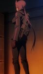  1girl back gloves hizaki_chikage long_hair purple_hair rifle solo standing stitched triage_x weapon 