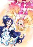  :d arm_warmers blonde_hair blue_eyes blue_hair bow brooch choker cure_flora cure_white eyebrows frills futari_wa_precure gloves go!_princess_precure gradient_hair green_eyes hair_bow half_updo haruno_haruka heart heart_hands heart_hands_duo highres jewelry kaz_(10916310) long_hair magical_girl multicolored_hair multiple_girls open_mouth pink_bow pink_hair pink_skirt precure skirt smile streaked_hair symmetry thick_eyebrows trait_connection two-tone_hair upside-down very_long_hair white_bow white_gloves white_skirt yellow_background yukishiro_honoka 