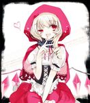  asymmetrical_hair background_text bad_id bad_twitter_id blonde_hair blush border bow cierra_(ra-bit) corset cosplay crystal flandre_scarlet frills heart hood jpeg_artifacts little_red_riding_hood little_red_riding_hood_(grimm) little_red_riding_hood_(grimm)_(cosplay) looking_at_viewer open_mouth puffy_sleeves red_eyes shirt short_sleeves skirt smile solo text_focus touhou white_background wings 
