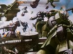  aircraft airplane damaged dom dopp falling gaw_(gundam) gouf gun gundam mecha mobile_suit_gundam rocket_launcher weapon z&#039;gok z'gok zaku zaku_ii 