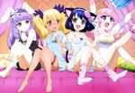  :d absurdres animal_ears ankle_scrunchie arm_up barefoot blonde_hair blue_eyes blue_hair bracelet brown_eyes bunny_ears cat_ears cat_tail chemise cherry chuchu_(show_by_rock!!) cyan_(show_by_rock!!) dog_tail fang food frilled_pillow frills fruit garters girl_sandwich green_eyes highres jewelry leg_garter leg_hug leg_warmers legs loungewear moa_(show_by_rock!!) multiple_girls non-web_source nyantype official_art open_mouth pillow pink_hair purple_hair retoree sandwiched scrunchie show_by_rock!! smile socks star star_print tail 