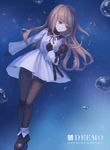  anshu_(o9jucea) brown_hair character_doll copyright_name deemo deemo_(character) dress full_body girl_(deemo) gloves highres holding long_hair looking_away pantyhose sky solo tears watermark web_address wide_sleeves 