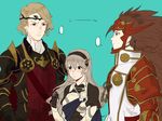  1girl 2boys armor bad_id bad_pixiv_id blonde_hair brother_and_sister brown_hair cape female_my_unit_(fire_emblem_if) fire_emblem fire_emblem_if gloves hair_between_eyes hair_ornament hairband headgear long_hair marks_(fire_emblem_if) multiple_boys my_unit_(fire_emblem_if) playing_with_own_hair pointy_ears ryouma_(fire_emblem_if) shoulder_pads siblings umemaru_(oume_maru) very_long_hair 