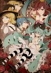  3girls alice_in_wonderland aqua_eyes aqua_hair blonde_hair blue_eyes hatsune_miku kagamine_len kagamine_rin kaito long_hair meiko multiple_boys multiple_girls p0ckylo pantyhose red_eyes red_hair short_hair striped striped_legwear twintails vocaloid 