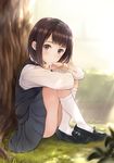  bad_id bad_pixiv_id brown_eyes brown_hair fujita_hidetoshi grass highres kneehighs leg_hug loafers long_sleeves original school_uniform shirt shoes short_hair sitting skirt smile solo tree vest 