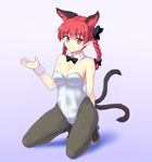  animal_ears bare_arms bare_shoulders black_legwear bow braid breasts cat_ears cat_tail cleavage detached_collar extra_ears hair_bow isaki_(gomi) kaenbyou_rin kittysuit kneeling large_breasts leotard multiple_tails pantyhose red_eyes red_hair smile solo tail touhou twin_braids wrist_cuffs 