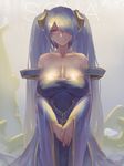  bare_shoulders blue_eyes blue_hair breasts cleavage covered_nipples hair_over_one_eye highres large_breasts league_of_legends long_hair looking_at_viewer pandea_work sagging_breasts solo sona_buvelle 