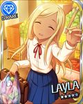  bag basket blonde_hair carrot character_name closed_eyes facing_viewer food grocery_bag holding idolmaster idolmaster_cinderella_girls layla_(idolmaster) long_hair official_art open_mouth pleated_skirt popsicle_stick ribbon school_bag school_uniform shopping_bag skirt solo 