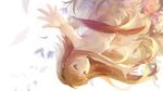  brown_hair deemo dress falling floating_hair flower girl_(deemo) highres looking_at_viewer nine_point_eight_(deemo) outstretched_arms shin-kun smile solo spread_arms 