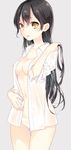  black_hair breasts character_request covered_nipples dress_shirt long_hair looking_at_viewer medium_breasts naoto_(tulip) navel no_bra open_clothes open_mouth open_shirt original panties see-through shirt simple_background solo thigh_gap underwear wet wet_clothes wet_shirt white_panties white_shirt yellow_eyes 