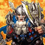  armor artist_request axe battle_axe beard chaos_online dwarf facial_hair green_eyes hammer helmet male_focus marcus_(chaos_online) official_art orange_background solo warhammer weapon white_hair 