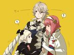 1boy 2girls arm_holding armor bad_id bad_pixiv_id blonde_hair brother_and_sister cape earrings elise_(fire_emblem_if) fire_emblem fire_emblem_if hair_between_eyes hair_ornament hair_ribbon hairband jewelry long_hair male_my_unit_(fire_emblem_if) multiple_girls my_unit_(fire_emblem_if) purple_eyes red_eyes ribbon sakura_(fire_emblem_if) short_hair siblings simple_background smile twintails umemaru_(oume_maru) 