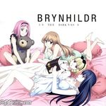  4girls alternate_costume barefoot blonde_hair blue_eyes blue_hair dress female friends gokukoku_no_brynhildr green_eyes hair_between_eyes kazumi_schlierenzauer kuroha_neko light_brown_hair long_hair lying multiple_girls nightgown official_art on_back on_stomach pink_hair purple_eyes red_eyes short_hair sitting smile tachibana_kana takatori_kotori 