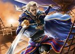  aircraft airship armor ben_wilsonham blonde_hair cape commentary edgar_roni_figaro final_fantasy final_fantasy_vi male_focus manly ponytail ship signature solo sword watercraft weapon 
