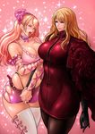  2girls artist_request blonde_hair breasts cleavage curvy dress eyes_closed large_breasts long_hair microskirt multiple_girls open_mouth original pink_hair skindentation skizblaznir smile thick_thighs wide_hips 