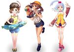  apple belt blue_hair brown_eyes brown_hair detached_sleeves food french_fries fruit goggles goggles_on_head hair_bobbles hair_ornament hat highres kamogawa_shuujin looking_at_viewer multiple_girls necktie original red_eyes shoes shorts simple_background smile snorkel white_background 