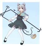  animal_ears basket capelet dowsing_rod dress gem grey_dress grey_hair isaki_(gomi) jewelry long_sleeves mary_janes mouse mouse_ears mouse_tail nazrin necklace open_mouth pantyhose pendant red_eyes shirt shoes smile solo tail touhou white_legwear 