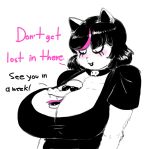  anthro between_breasts big_breasts big_butt black_hair breasts butt cat catti_(deltarune) choker cleavage clothed clothing deltarune dialogue duo ear_piercing english_text eyewear fangs feline female hair hat jockington_(deltarune) looking_down male mammal open_mouth outta_sync overweight overweight_female piercing reptile scalie shirt simple_background sketch snake sunglasses text thick_thighs tongue tongue_out video_games white_background wide_hips 
