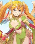 breasts chinese_clothes cleavage cleavage_cutout green_eyes highres large_breasts leilan_(p&amp;d) long_hair puzzle_&amp;_dragons smile sword twintails weapon wings zarigani_tarou 