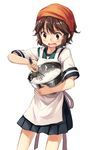  apron bandana bowl brown_eyes brown_hair cowboy_shot highres kantai_collection mixing_bowl miyuki_(kantai_collection) pleated_skirt ringo_kureru school_uniform serafuku short_hair simple_background skirt solo uniform whisk whisking white_background 