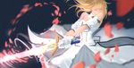  artoria_pendragon_(all) bare_shoulders blonde_hair ciciliu detached_sleeves dress excalibur fate/stay_night fate/unlimited_codes fate_(series) gloves glowing glowing_sword glowing_weapon hair_down long_hair petals saber saber_lily solo swinging weapon white_dress white_gloves 