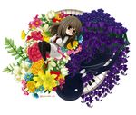  ankle_boots artist_name bellflower book boots brown_hair chibi deemo deemo_(character) dress flower flower_request full_body girl_(deemo) holding holding_book komekomen_(kokosuke) long_hair looking_at_another no_nose pantyhose rose rotational_symmetry yellow_flower yellow_rose 
