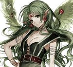  belt breasts cleavage expressionless finn_fish forehead_jewel gem green_eyes green_hair hand_on_hip kamikaze_kaitou_jeanne large_breasts long_hair pointy_ears solo spoilers tcb upper_body white_background wings 