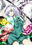  black_hairband bow breasts cherry_blossoms colored_eyelashes flower flower_request green_eyes green_skirt green_vest hairband katana konpaku_youmu konpaku_youmu_(ghost) kz_nagomiya large_breasts sheath short_hair short_sleeves silver_hair skirt solo sword thighs touhou tree_branch unsheathing vest weapon 