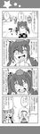  3girls 4koma :d alice_margatroid anger_vein bad_id bad_pixiv_id comic commentary_request greyscale hair_ornament hairband hat highres himekaidou_hatate kochiya_sanae long_hair monochrome multiple_girls open_mouth short_hair smile touhou translation_request twintails yuuki._(limit) |_| 