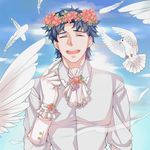  a_xi bad_id bad_pixiv_id bird blue_hair blue_sky closed_eyes collared_shirt day dove facing_viewer feathers flower_wreath gloves head_wreath highres jojo_no_kimyou_na_bouken jonathan_joestar male_focus neckerchief phantom_blood shirt sky smile solo upper_body white_gloves white_shirt 