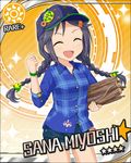  8-bit ^_^ black_hair braid card_(medium) character_name closed_eyes facing_viewer firewood hair_ornament hairclip hat holding idolmaster idolmaster_cinderella_girls long_hair miyoshi_sana orange_background short_shorts shorts smile solo sun_(symbol) twin_braids 