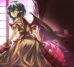  aqua_hair bat_wings couch curtains dress eredhen glowing glowing_eyes looking_at_viewer looking_back md5_mismatch pointy_ears puffy_short_sleeves puffy_sleeves remilia_scarlet sash short_sleeves solo touhou white_dress window wings wrist_cuffs yellow_eyes 